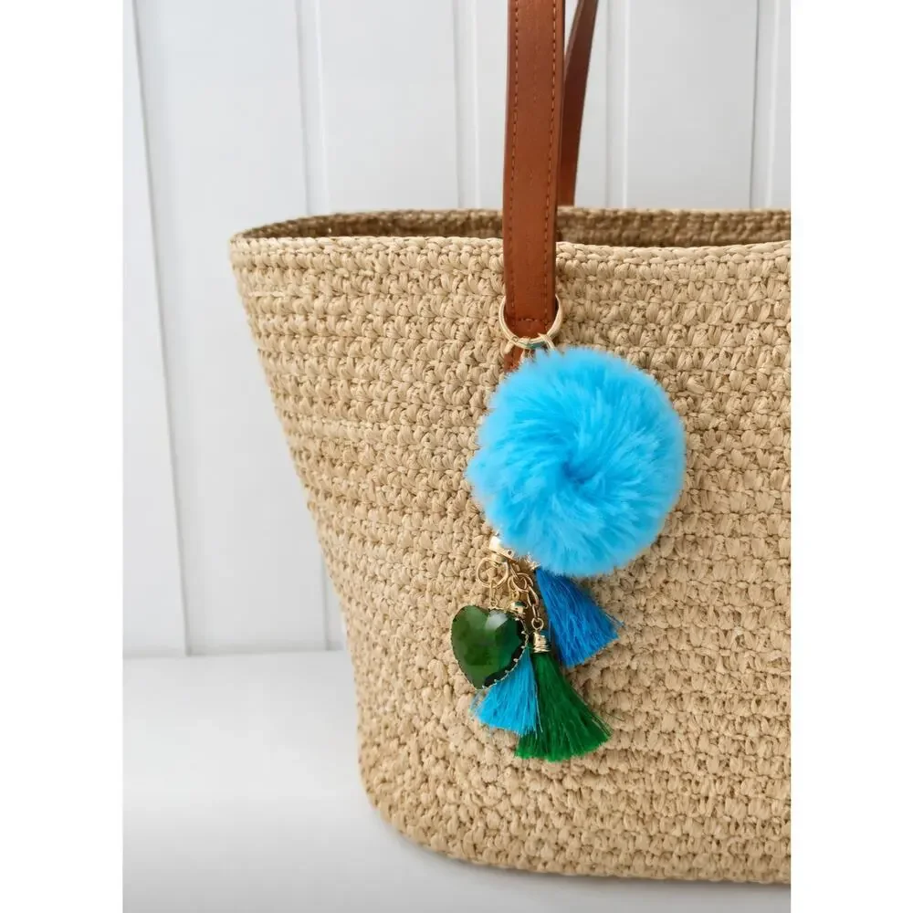 Blue Fuzzy Pom Pom Crystal Heart Bag Charm New